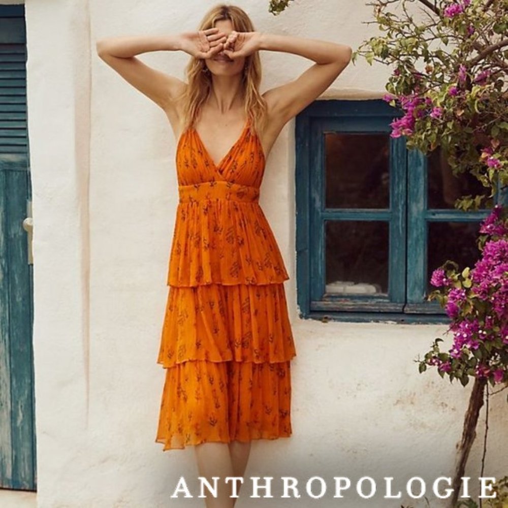 Anthropologie Guapa Pamela Floral Midi Halter Neck Dress Size 14 Orange